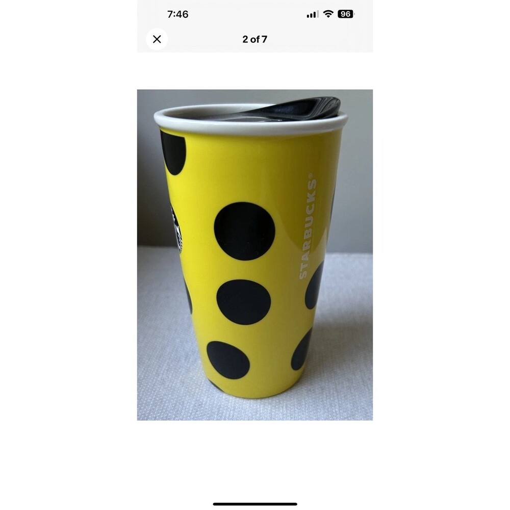 Starbucks 2015 Citron Yellow Polka Dot Ceramic Tumbler Travel Coffee Mug 12 oz - Picture 2 of 7